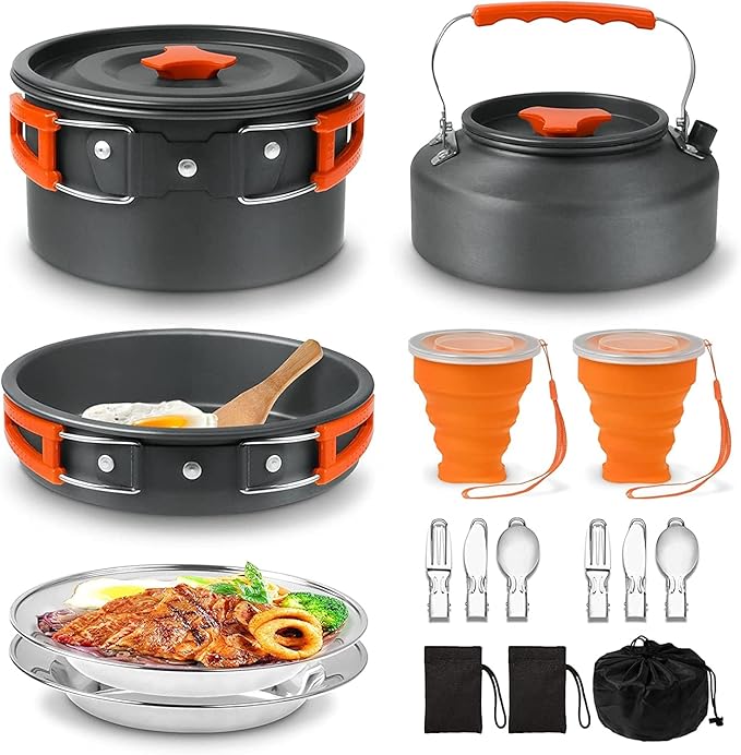 Camping Cooking Set Camping Cookware Outdoor Aluminum Mess Kit with Frying Pan, Pot with Lid, 1.2L