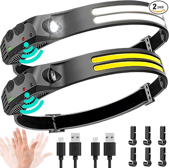 LED Headlamp Rechargeable 2PCS - 230° COB Super Bright Head Lights for Forehead, Hard hat Light for