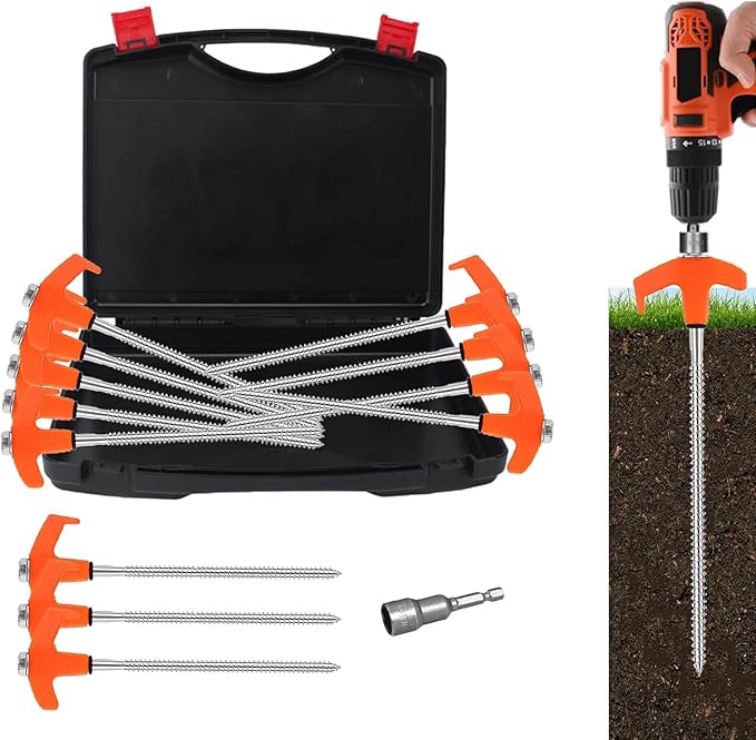 8" Tent Stakes Heavy Duty 12 Pack, Screw in Tent Stakes, Metal Threaded Camping Stakes, Ground