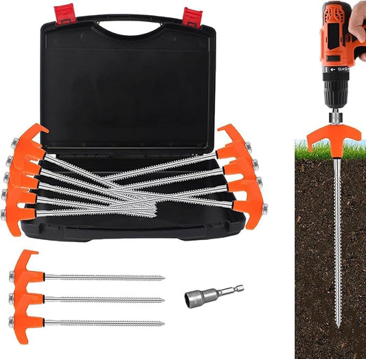 8" Tent Stakes Heavy Duty 12 Pack, Screw in Tent Stakes, Metal Threaded Camping Stakes, Ground