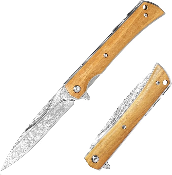 YOUSUNLONG Folding Knife Overall 215mm Camping Knife - Hammered Damascus Steel Blade - Natural