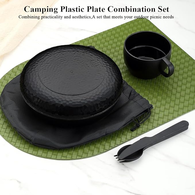 Berglander Camping Mess Kit with Bowl, Plate, Cup, Spoon, Fork, Knife and Carry Bag, Plastic