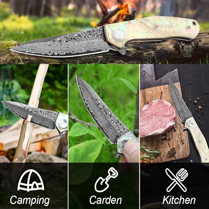 Benkey Damascus Pocket Knife, Extremely Sharp VG10 Core Damascus Steel Folding Knives with Clip and