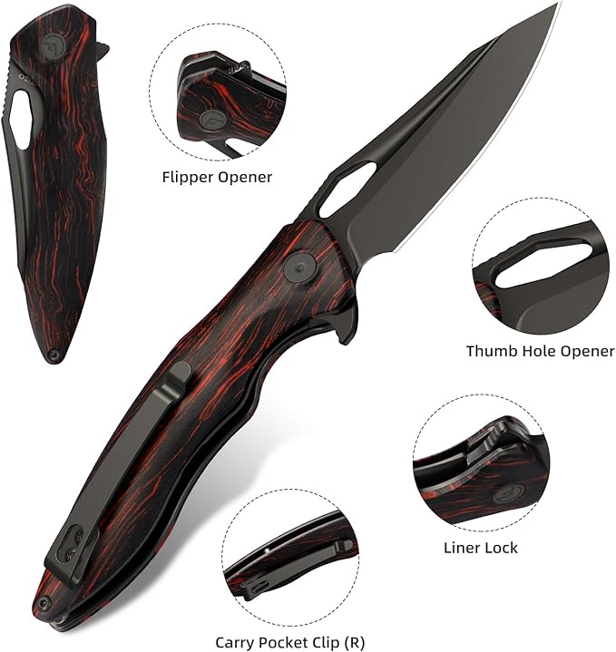 FINTISO Apollo Pocket Knife, 3.3" 14C28N Blade Damascus Pattern G10 Handle Folding Knife with Liner