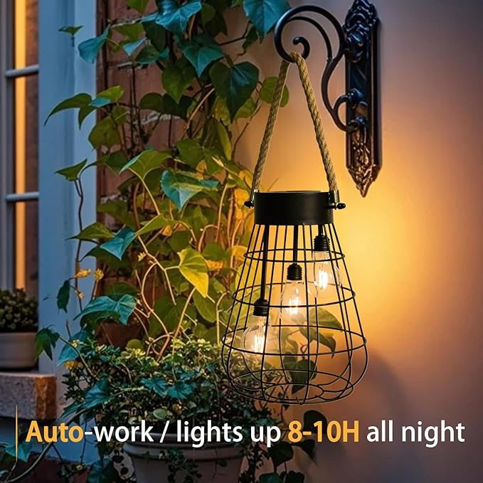 Solar Hanging Lantern with Rope, Vintage Industrial Pendant Light, 12.8" Solar Powered Outdoor