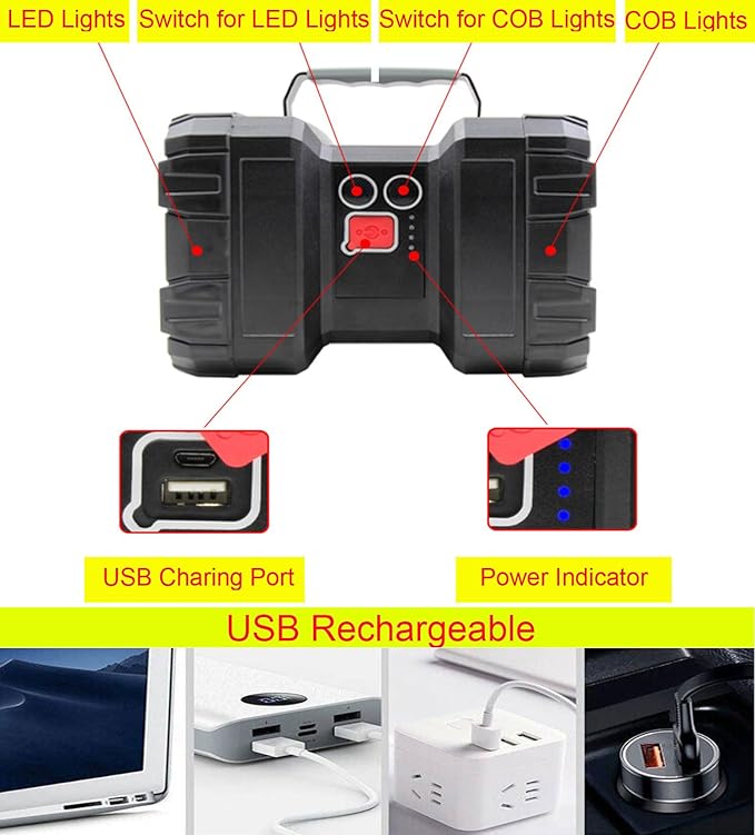 Rechargeable LED Searchlight Flashlight, LED Spotlight Big Power Capacity 13000LM 20h Ultra-Long