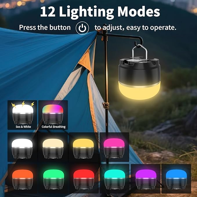 LED Camping Lantern Rechargeable, 1000LM Tent Light with 12 RGB Lighting Modes, 8000mAh Power Bank
