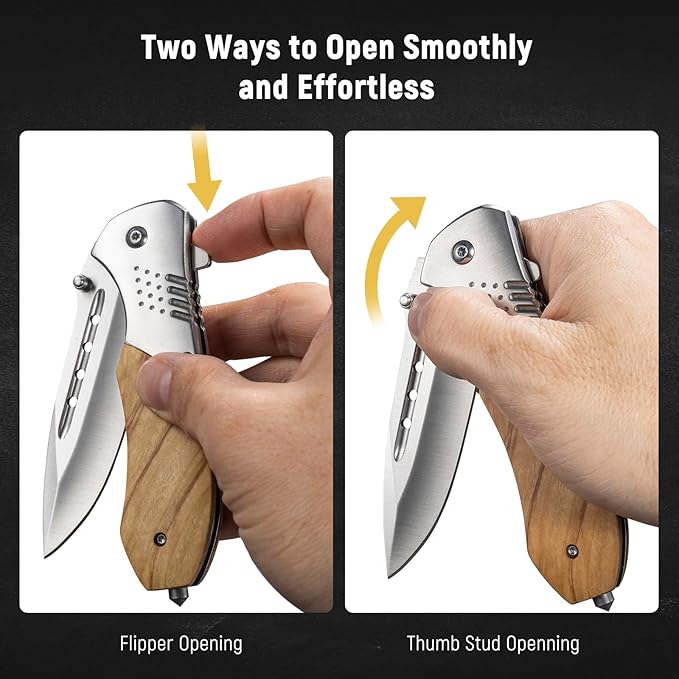 Folding Pocket Knife - 3.46" Sharp Blade Olive Wood Handle Pocket Knives with Clip, Glass Breaker