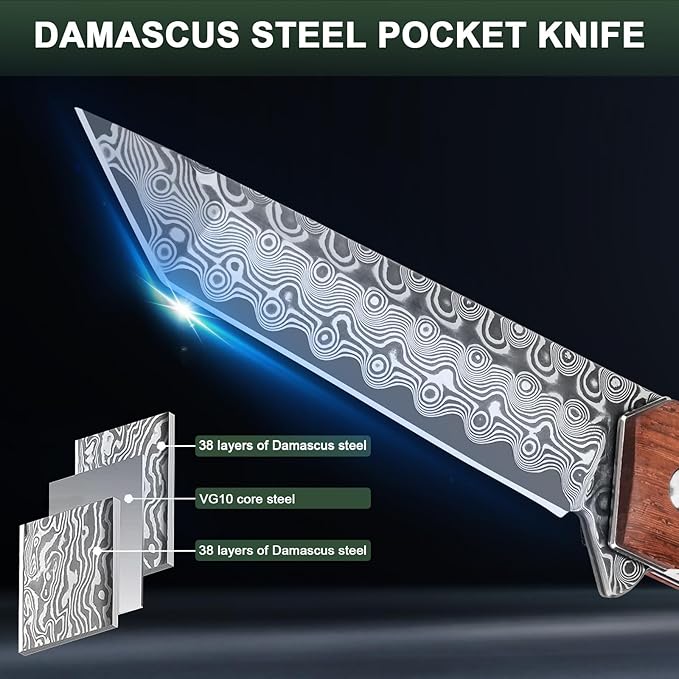 AUBEY Damascus Pocket Knife for Men, Sharp Tanto Blade with VG10 Core Folding Knives with Wooden