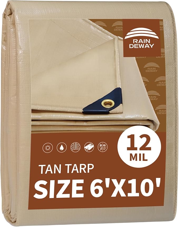 RAINDEWAY 6x10 Feet Heavy Duty 12 Mil Tan Poly Tarp Cover,UV Resistant,Weatherproof,Durable,Multipur