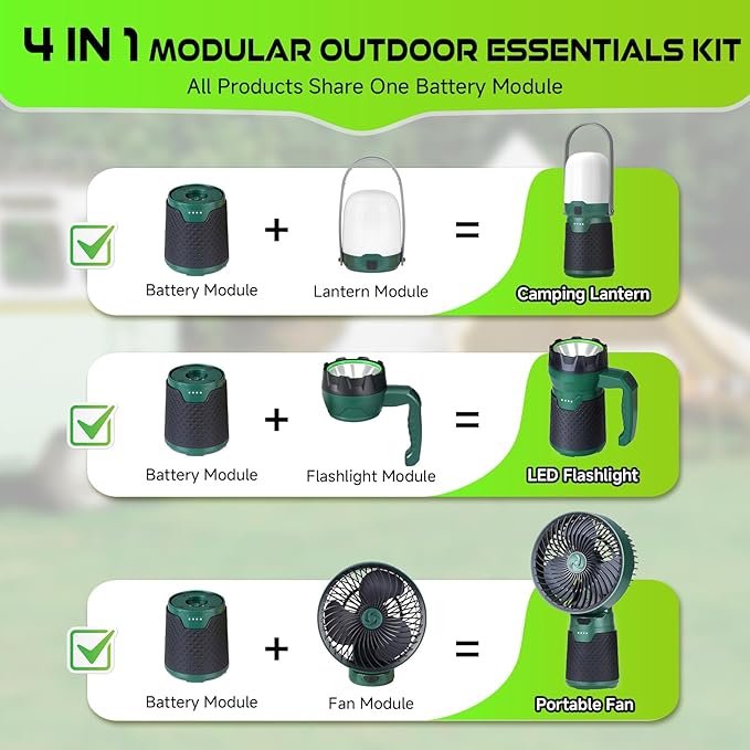 4 in 1 Modular Rechargeable Camping Lantern, Portable LED Flashlight, Outdoor Camp Fan, 4400mAh