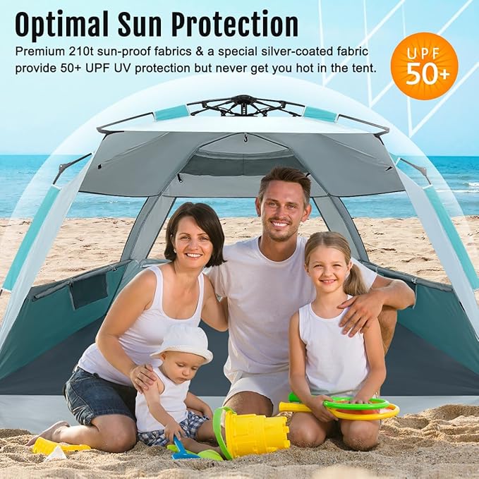 WhiteFang Deluxe Pop Up Beach Tent Sun Shade Shelter for 3-4/5-6 Person, UV Protection, Extendable