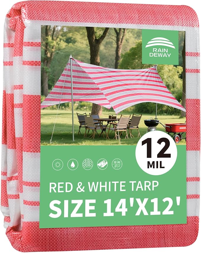 RAINDEWAY Tarps 12x14 Feet,12 Mil Sunshade Striped Tarp Waterproof,Multipurpose Poly Tarp Cover