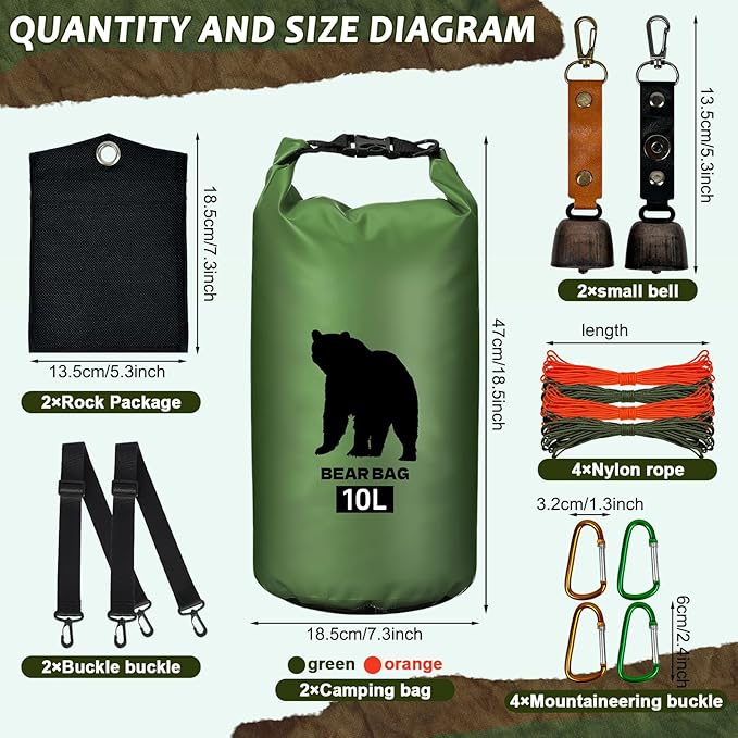 2 Pcs 10L Waterproof Bear Bags with 4 Nylon Ropes, 4 Clips & 2 Rock Pockets & 2 Small Warning Bells