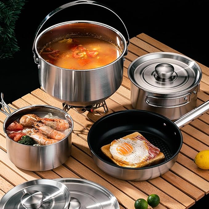 304 Stainless Steel Camping Cookware Set, Pots and Pans for Campfire Cooking, Includes Travel Tote