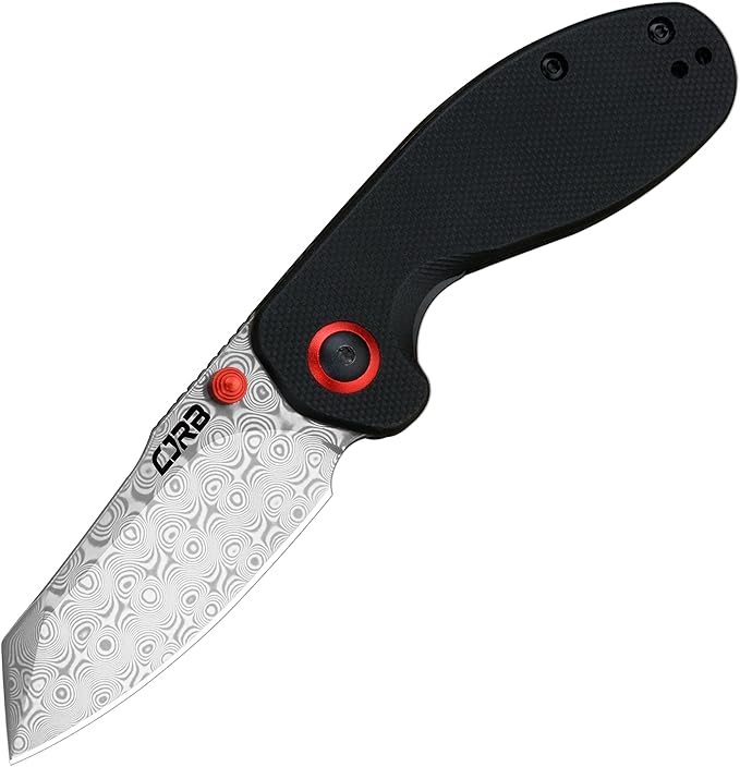 CJRB Maileah pocket knife, folding knife with 2.39'' Damascus Steel Blade, Black G10 Handle EDC