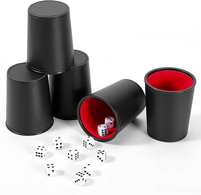 5X Dice Cup Set, PU Leather Dice Shaker Cups with 30 Dices for Bar Party Yahtzee Farkle Dice Games