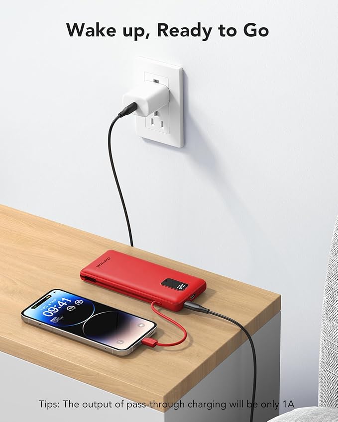 charmast Portable Charger with Built-in Cables and Plug, 10000mAh USB C Power Bank Fast Charging