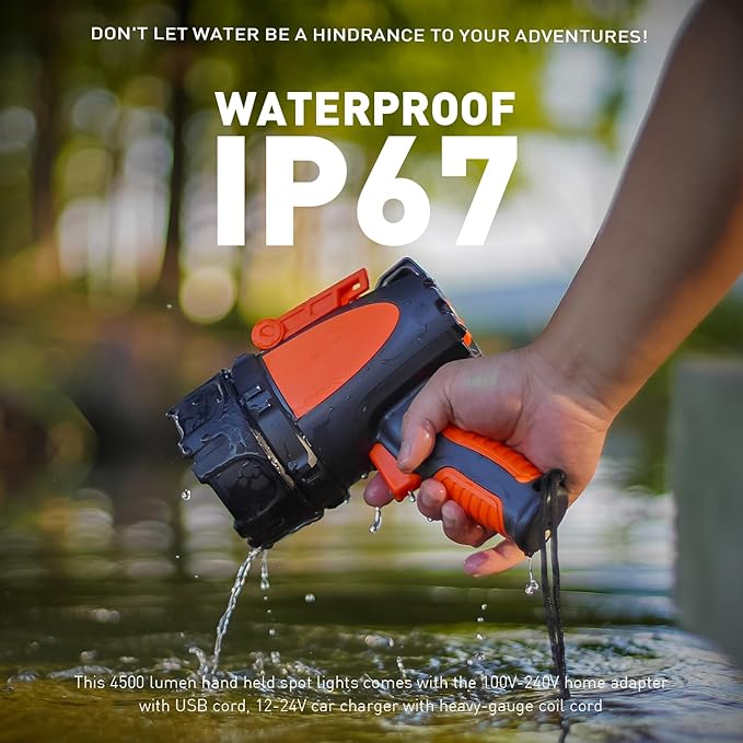 GOODSMANN Rechargeable Spotlight IP67 Waterproof Marine Spotlights up to 4500 Lumen Handheld Light