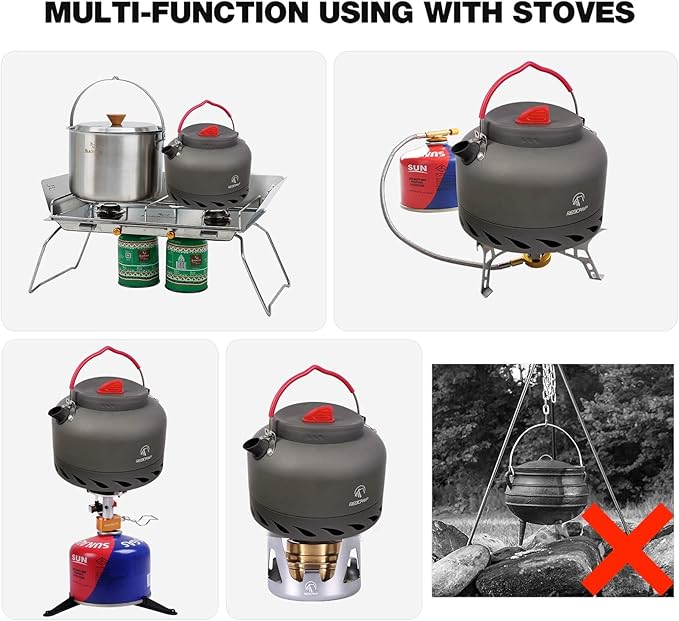 REDCAMP 1.4L Outdoor Camping Kettle with Heat Exchanger, Aluminum Camp Tea Kettle with Carrying