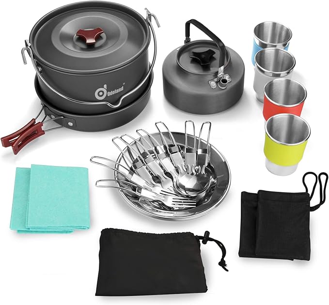 Odoland 22pcs Camping Cookware Mess Kit, Large Size Hanging Pot Pan Kettle with Base Cook Set for