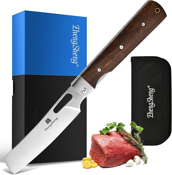 Folding Chef Knife with Nylon Pouch 4.8" Sharp 440A Stainless Steel Blade Wooden Handle Pocket