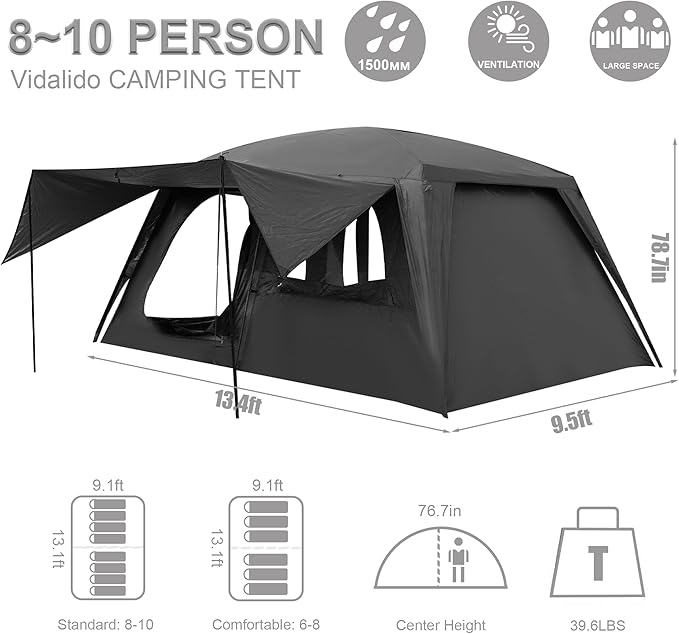 Vidalido 8-10 Person Camping Tent with 3 Door 2 Room Large Family Cabin Tents, Double Layer