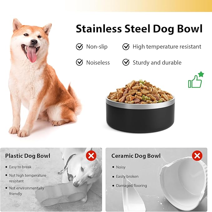Stainless Steel Dog Bowl, Metal Water and Food Dish for Large Dogs, Insulated Non-Slip Pet Bowl