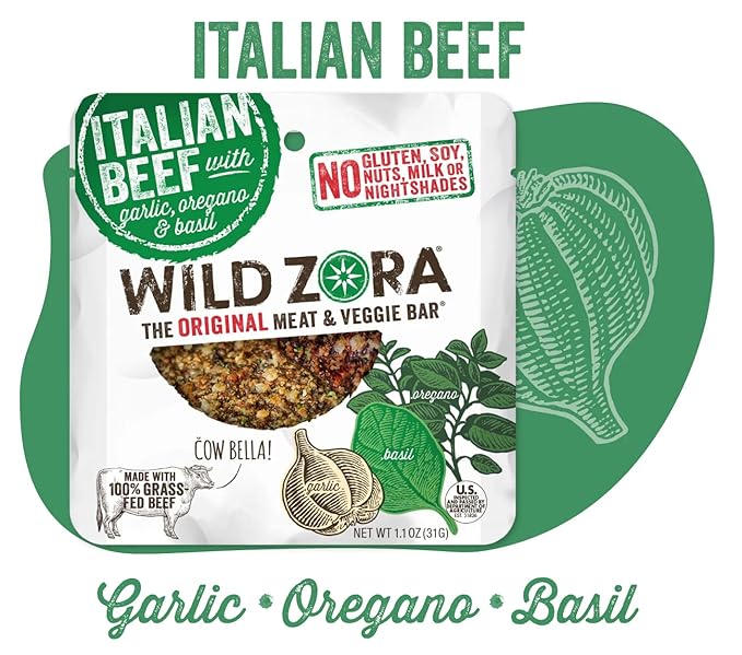 Wild Zora Meat and Veggie Bars, Italian Beef, 10-Pack, 100% Grass Fed Meat, Healthy Paleo Snacks