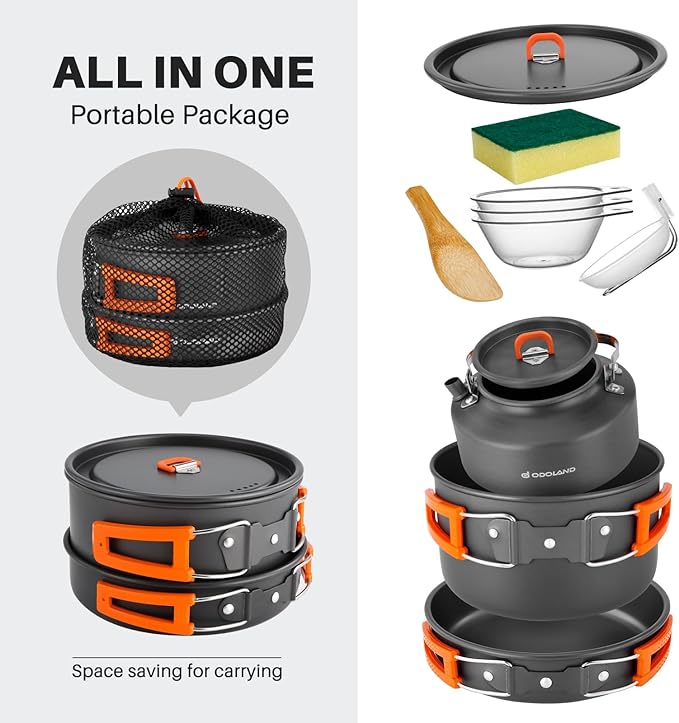 Odoland 10pcs Camping Cookware Camping Pots and Pans Set with Kettle Plastic Bowls and Soup Spoon