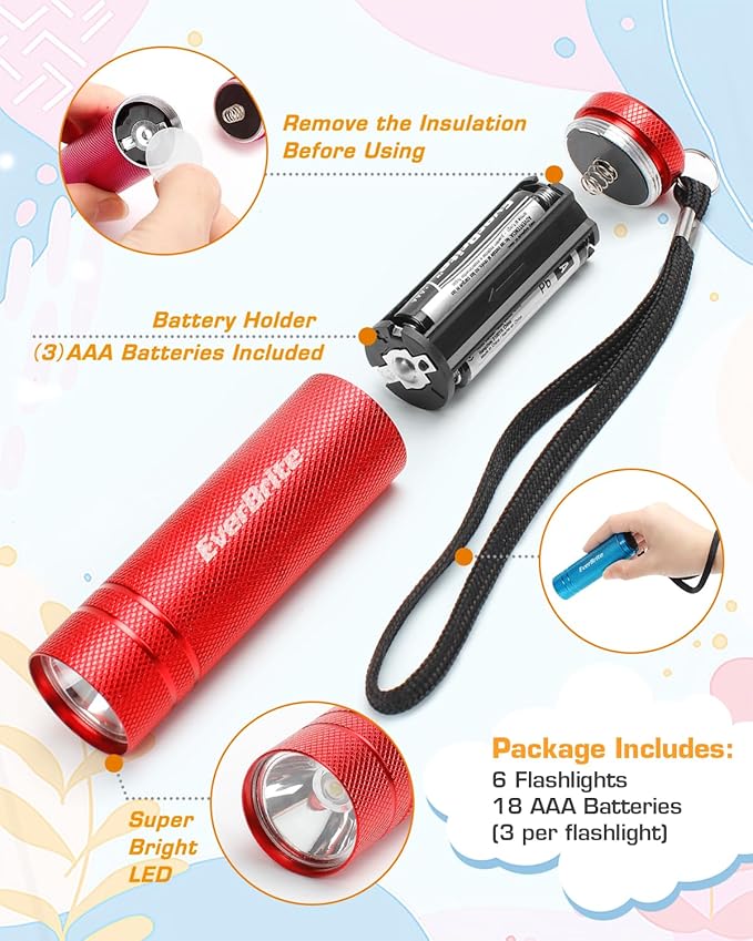 EverBrite 6-Pack Mini Flashlight Set, Aluminum LED Handheld Torches with Lanyard, Assorted Colors