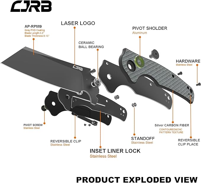 CJRB Crag Folding Pocket Knife, 3.43" AR-RPM9 Steel Blade Carbon Fiber Handle EDC Knife with Pocket
