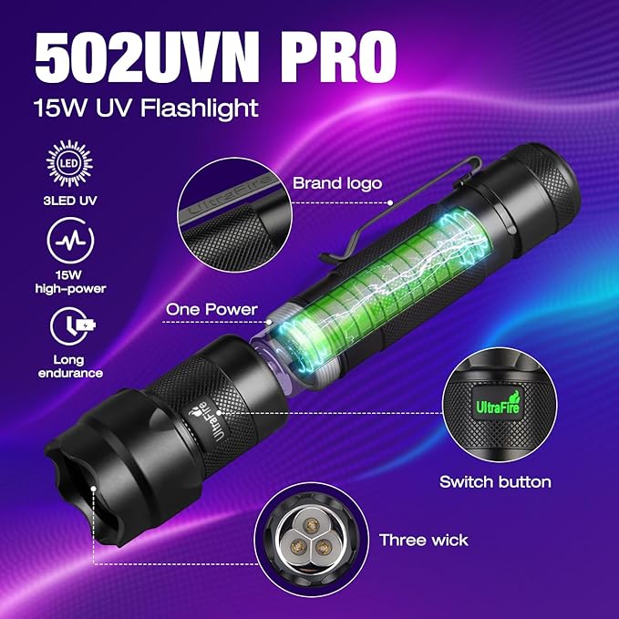 ULTRAFIRE 395nm UV Flashlight Rechargeable - 15W High Power Ultraviolet Blacklight for Pet Urine