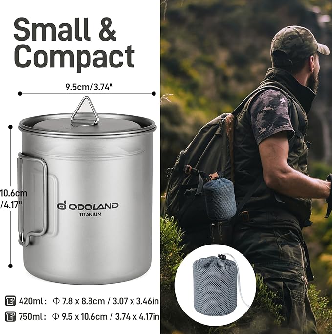Odoland Titanium Camping Cookware 420ML & 750ML Titanium Pot with Lid and Spork Lightweight Camping