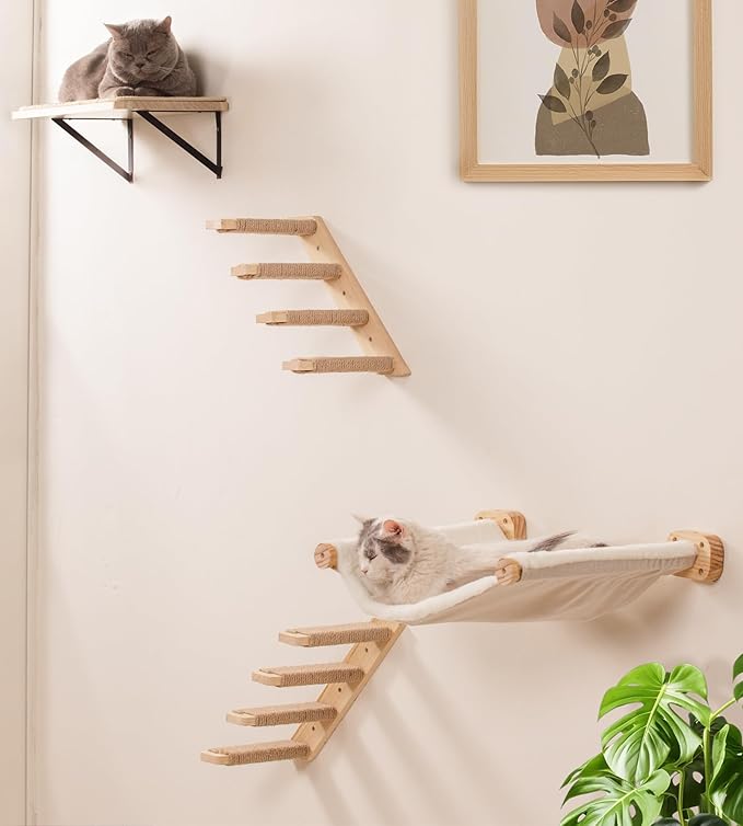 Cat Wall Hammock Shelves, Dual-Sided Cat Bed with Canvas & Plush Fabric, Wall Mounted Shelf for