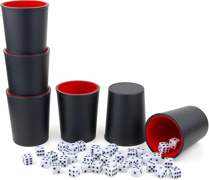 Felt-Lined PU Leather Dice Cup Set, 6 Quiet Dice Shaker Cups with 36 Dices for Bar Party Yahtzee