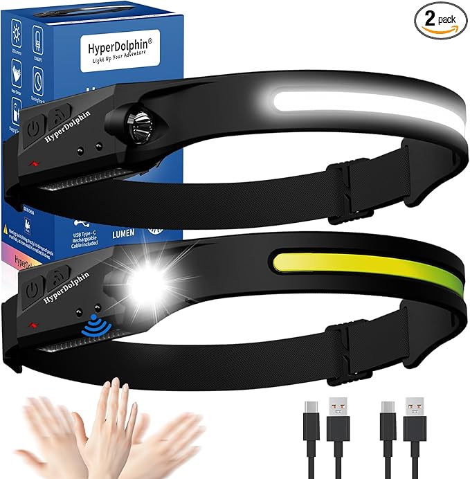 Rechargeable LED Headlamp (2-Pack), 350 Lumens, Waterproof, 5 Lighting Modes, Adjustable