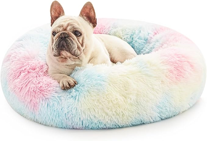 Love's cabin Calming Cat Bed for Indoor Cats,Anti-Anxiety Donut Round Dog Bed,Fluffy Faux Fur