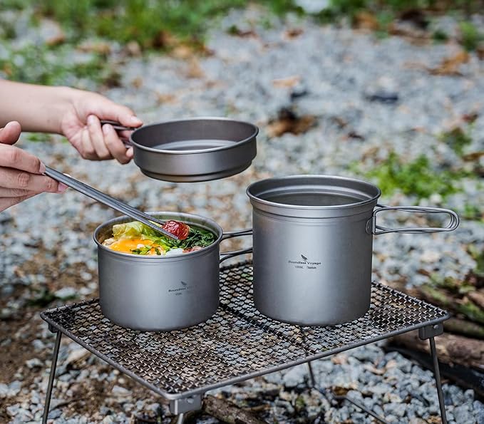 iBasingo Titanium Pot Pan Set with Folding Handle - Ultralight Portable Outdoor Cookware Mess Kit