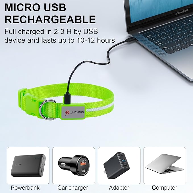 CHUKCHI LED Dog Collar Rechargeable,Waterproof Flashing Collar,Light Up Glow Collar, Adjustable