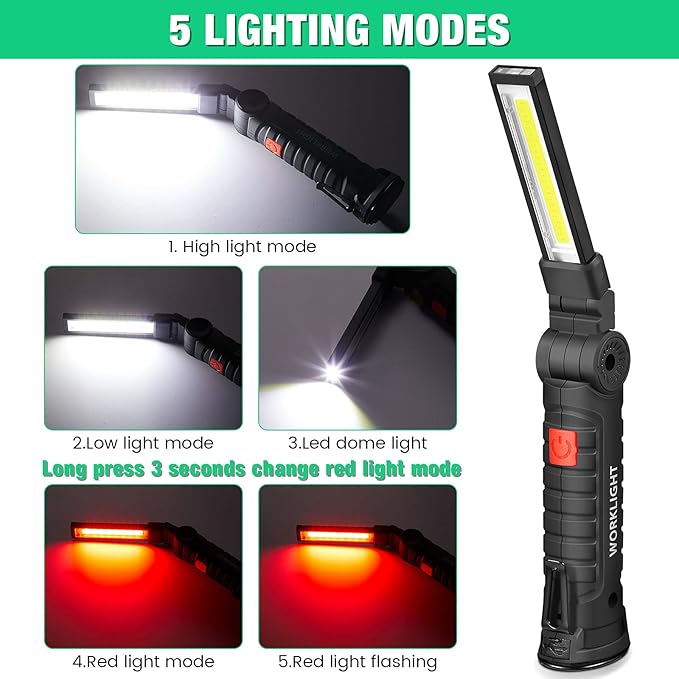 Honoson 4 Pieces LED Work Light Cob Rechargeable Work Flashlight with Magnetic Base, Hanging Hook