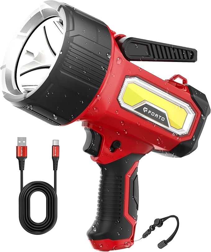 FORTO Rechargeable Spotlight Flashlight with 80000 Candela, 200000 Lumens Handheld Spotlight with