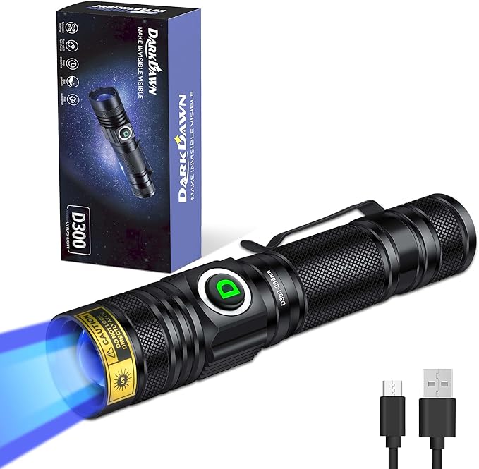 DARKDAWN UV 365nm Light Flashlight USB Rechargeable Ultraviolet LED Woods Lamp Portable Blacklight