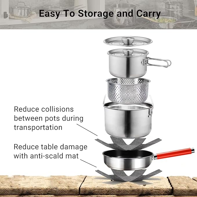 Camping Cookware Set 304 Stainless Steel Cooking Pots Pan Set with Travel Tote Bag For Camping