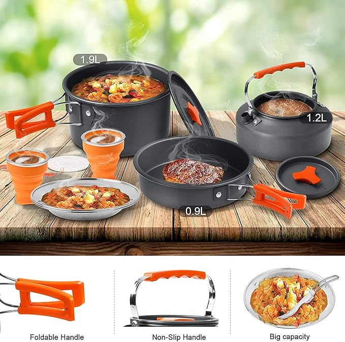 Camping Cooking Set Camping Cookware Outdoor Aluminum Mess Kit with Frying Pan, Pot with Lid, 1.2L