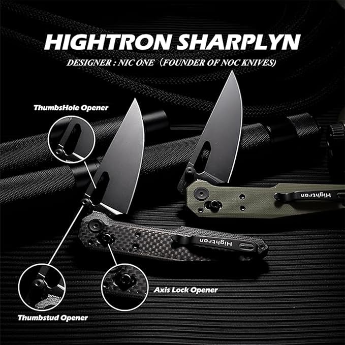 Hightron Sharplyn Folding Knife, 3.6" 14C28N Steel Blade with Black PVD OD Green G10 Handle Pocket