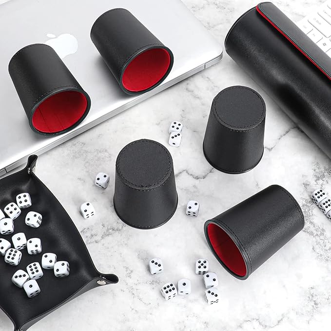 Party Games Leather Dice Cup Set, 5 Dice Cups+25 Dice+1 Folding Tray Exclusive Storage and