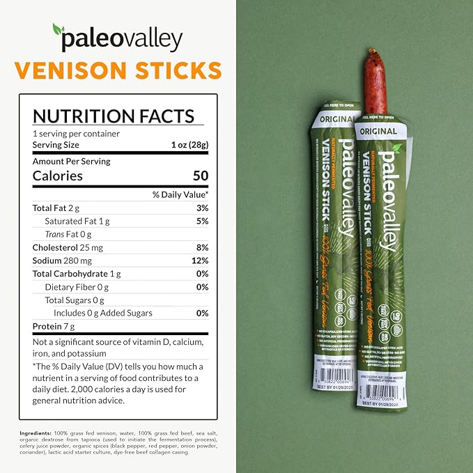 Paleovalley 100% Grass Fed Venison Sticks – 10 Pack – Keto-Friendly, High Protein, Low-Calorie