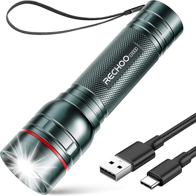 Rechargeable Flashlights High Lumens, G1000 Super Bright Flash Light Grey, Small Zoomable LED