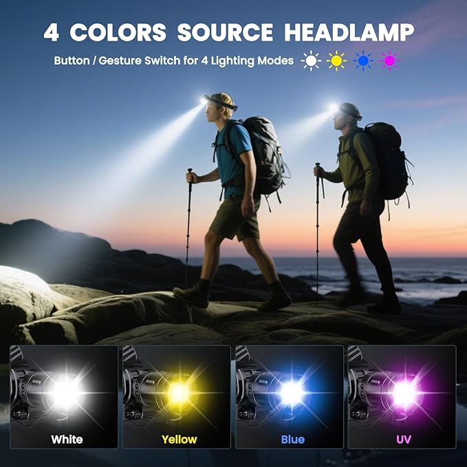 YNYS Rechargeable Headlamp with 4 Colors (White/Yellow/Blue/UV),Super Bright Headlights with Motion